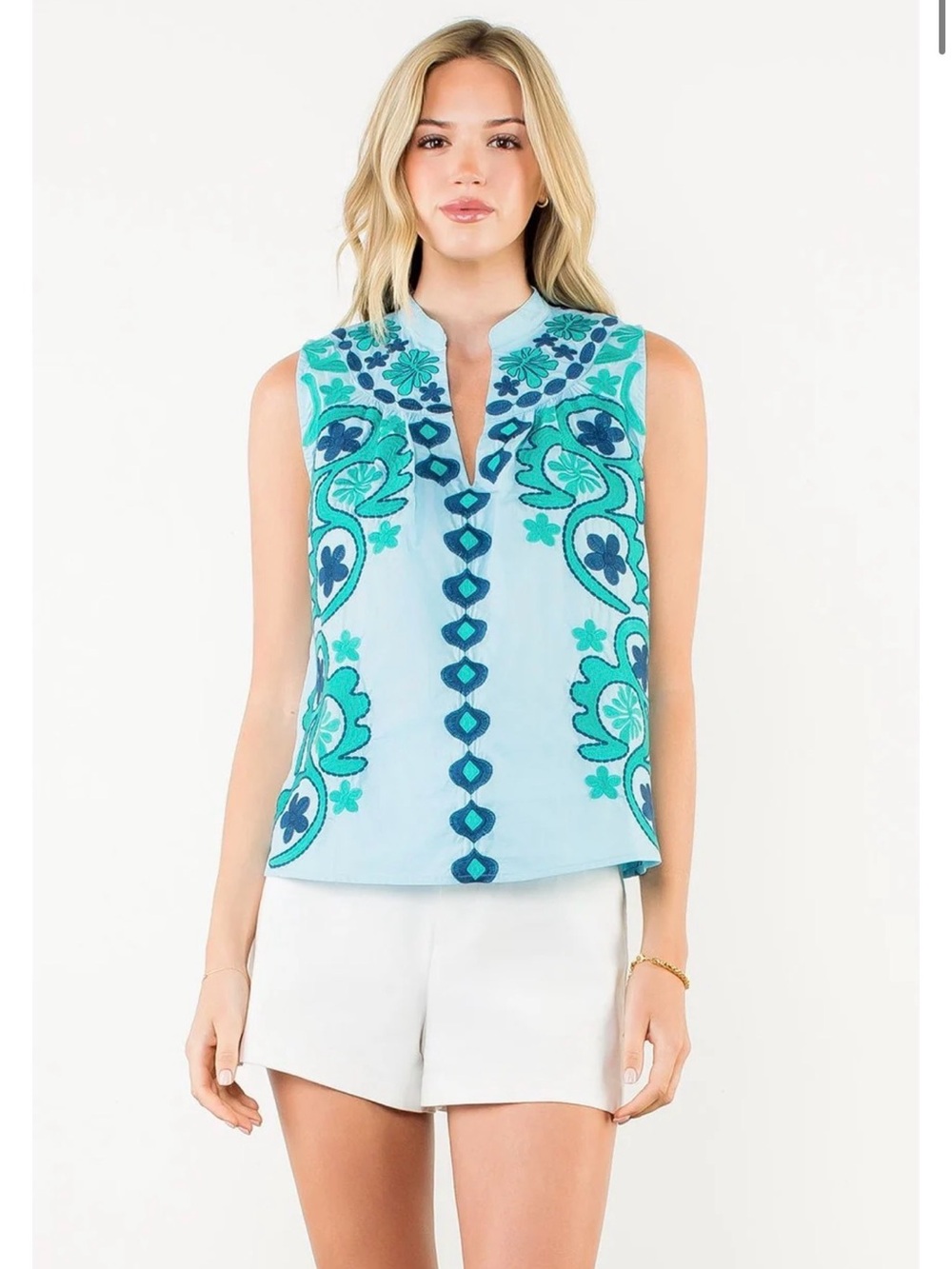 THML Light Blue Floral Embroidered Sleeveless Keyhole Camisole